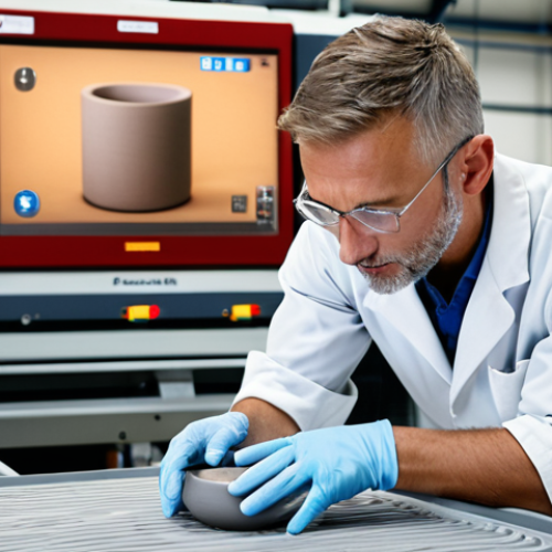**Certified ceramic professional**: A skilled ceramic engineer or technician working in a modern ceramic manufacturing facility, showcasing their expertise and use of advanced technology. Focus on conveying professionalism and competence.